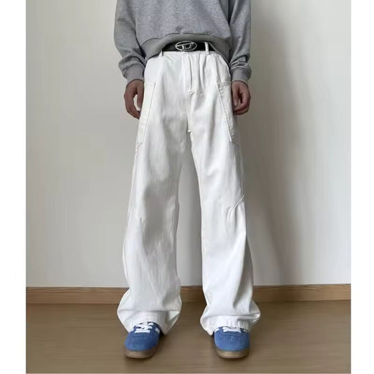 White jeans men New Patchwork style cargo Denim Pants Washed Male Straight Casual Men wear Loose Wide Leg Trousers Pocket design