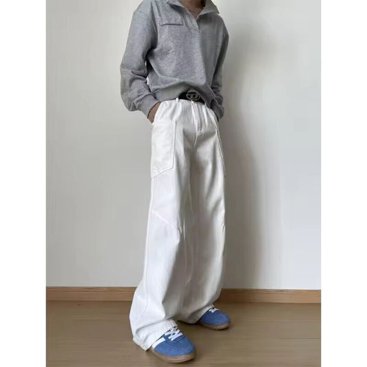 White jeans men New Patchwork style cargo Denim Pants Washed Male Straight Casual Men wear Loose Wide Leg Trousers Pocket design