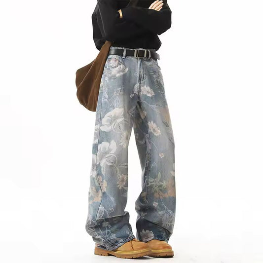 2025 NEW JEANS American hip-hop men and women trendy retro floral print straight leg jeans couples loose wide leg casual pants