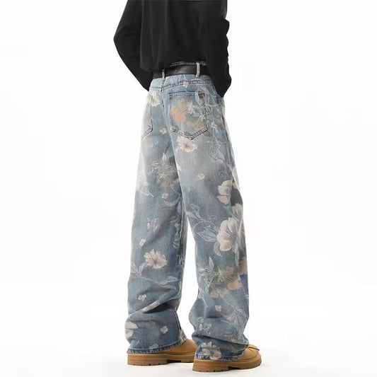 2025 NEW JEANS American hip-hop men and women trendy retro floral print straight leg jeans couples loose wide leg casual pants