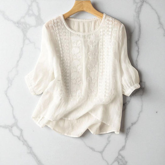 Floral Embroidered Cotton Linen Blouse for Women, Boho O Neck 3/4 Sleeve Tunic, Pom Trim Loose Fit Summer Shirt, Casual Boho Top