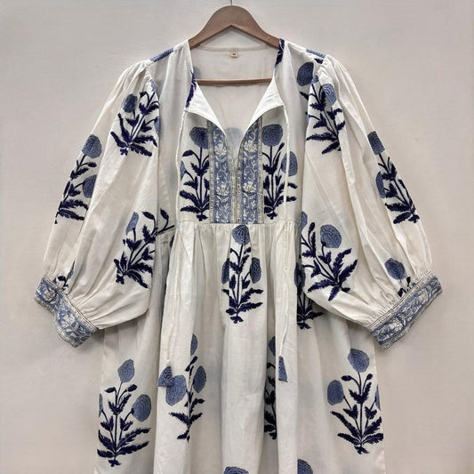 Blue Floral Block Print dress Kyra Midi Dress | Bohemian Cotton Dress Dresses for Women Gift For Your Loved short tunics String Closer Full